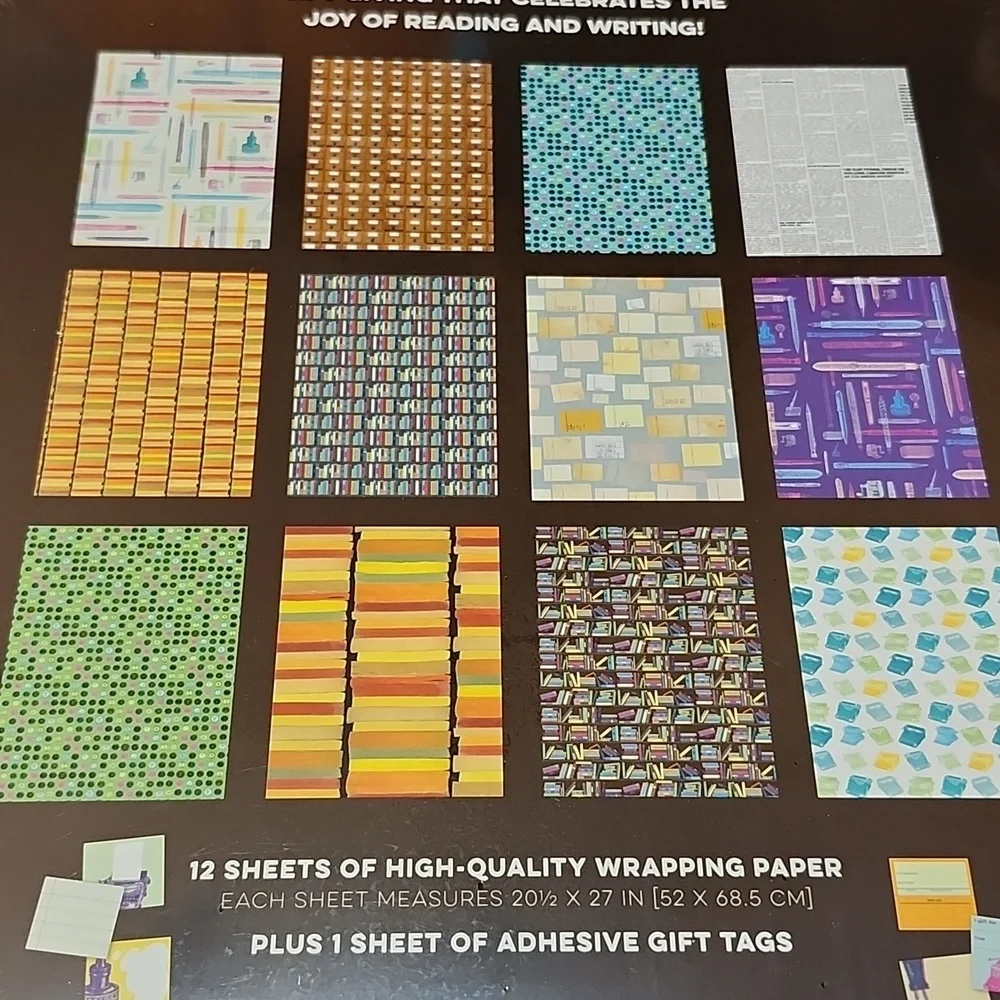 LITERARY LIFE WRAPPING PAPER BOOK-STYLE 12 DESIGNS + 24 GIFT TAGS 2015 NWT